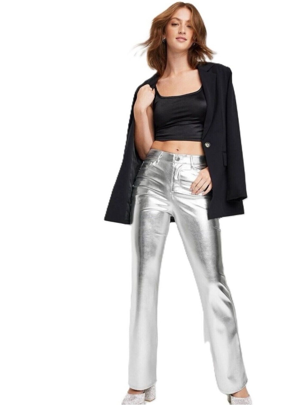 GAP Metallic Silver Cheeky Straight High Rise Vegan Leather Pants
